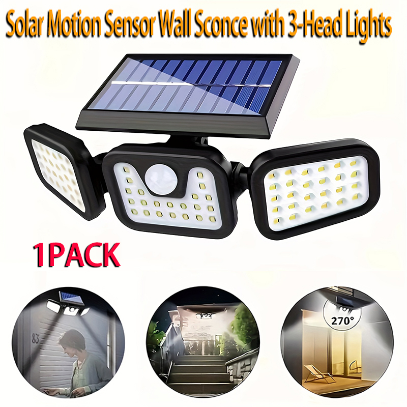 Outdoor Lighting Front Yard - 74LED Solarleuchte mit 3 Köpfen, Bewegungssensor-Wandlampe,