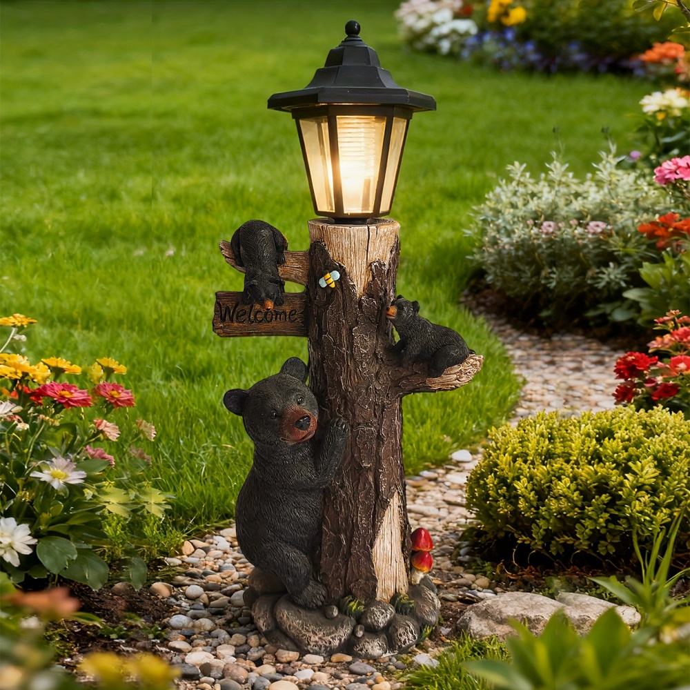 Outdoor Lighting On Trees - Schwarze Bärenstatue als Willkommensschild, Gartenfigur mit